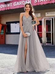 Robe de Soirée en Tulle à Bretelles Spaghetti et Col en V Argent Grande Taille