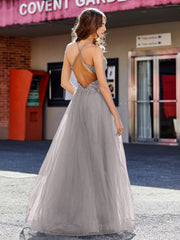Robe de Soirée en Tulle à Bretelles Spaghetti et Col en V Argent