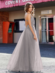 Robe de Soirée en Tulle à Bretelles Spaghetti et Col en V Argent Grande Taille