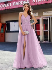 Robe de Soirée en Tulle à Bretelles Spaghetti et Col en V Glycine Grande Taille