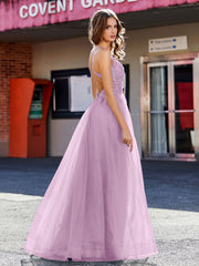 Robe de Soirée en Tulle à Bretelles Spaghetti et Col en V Glycine Grande Taille