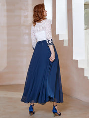 Robe en Mousseline avec Longueur de Mollet à Col Appliqué Bleu Marine