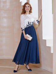 Robe en Mousseline avec Longueur de Mollet à Col Appliqué Bleu Marine