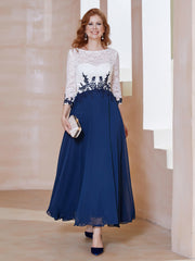 Robe en Mousseline avec Longueur de Mollet à Col Appliqué Bleu Marine Grande Taille