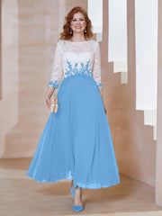 Robe en Mousseline avec Longueur de Mollet à Col Appliqué Bleu Grande Taille
