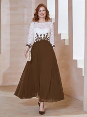 Robe en Mousseline avec Longueur de Mollet à Col Appliqué Brun Grande Taille