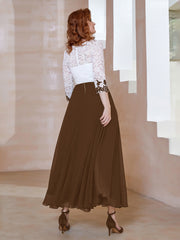 Robe en Mousseline avec Longueur de Mollet à Col Appliqué Brun Grande Taille