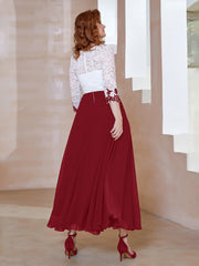 Robe en Mousseline avec Longueur de Mollet à Col Appliqué Bordeaux Grande Taille