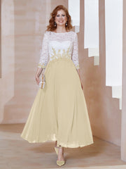 Robe en Mousseline avec Longueur de Mollet à Col Appliqué Champagne
