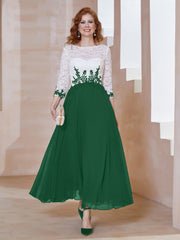 Robe en Mousseline avec Longueur de Mollet à Col Appliqué Vert Foncé