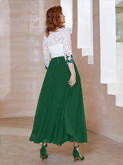 Robe en Mousseline avec Longueur de Mollet à Col Appliqué Vert Foncé