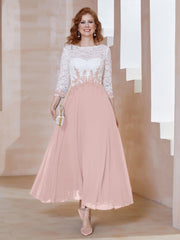 Robe en Mousseline avec Longueur de Mollet à Col Appliqué Rose Poudré