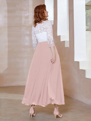 Robe en Mousseline avec Longueur de Mollet à Col Appliqué Rose Poudré