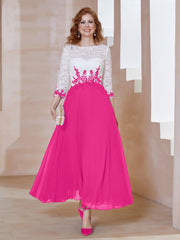 Robe en Mousseline avec Longueur de Mollet à Col Appliqué Fuchsia