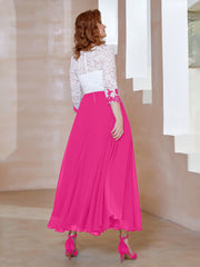 Robe en Mousseline avec Longueur de Mollet à Col Appliqué Fuchsia