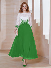 Robe en Mousseline avec Longueur de Mollet à Col Appliqué Vert Grande Taille