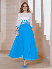 Robe en Mousseline avec Longueur de Mollet à Col Appliqué Bleu Océan Grande Taille