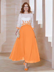 Robe en Mousseline avec Longueur de Mollet à Col Appliqué Orange