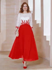 Robe en Mousseline avec Longueur de Mollet à Col Appliqué Rouge