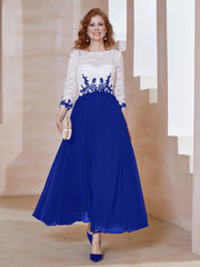 Robe en Mousseline avec Longueur de Mollet à Col Appliqué Bleu Royale Grande Taille