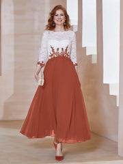 Robe en Mousseline avec Longueur de Mollet à Col Appliqué Rouille Grande Taille