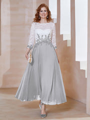 Robe en Mousseline avec Longueur de Mollet à Col Appliqué Argent Grande Taille