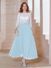 Robe en Mousseline avec Longueur de Mollet à Col Appliqué Bleu Ciel