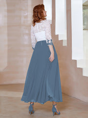 Robe en Mousseline avec Longueur de Mollet à Col Appliqué Bleu de Schiste