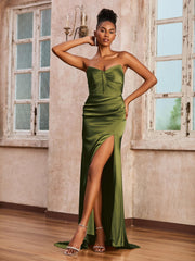 Robe Longue Bustier En Sheath Avec Train Balayé Olive Verte
