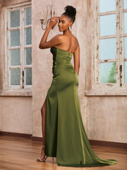 Robe Longue Bustier En Sheath Avec Train Balayé Olive Verte