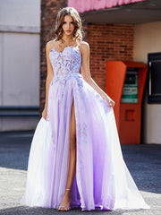Robe de Soirée Appliqué de A-ligne à Bretelles Spaghetti en Tulle Lilas