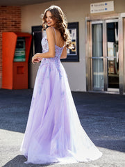 Robe de Soirée Appliqué de A-ligne à Bretelles Spaghetti en Tulle Lilas Grande Taille