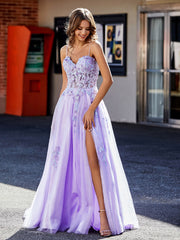Robe de Soirée Appliqué de A-ligne à Bretelles Spaghetti en Tulle Lilas Grande Taille