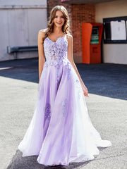Robe de Soirée Appliqué de A-ligne à Bretelles Spaghetti en Tulle Lilas