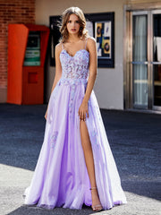 Robe de Soirée Appliqué de A-ligne à Bretelles Spaghetti en Tulle Lilas