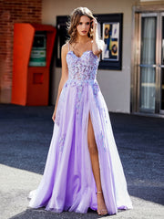 Robe de Soirée Appliqué de A-ligne à Bretelles Spaghetti en Tulle Lilas Grande Taille