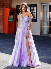Robe de Soirée Appliqué de A-ligne à Bretelles Spaghetti en Tulle Lilas Grande Taille