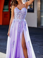 Robe de Soirée Appliqué de A-ligne à Bretelles Spaghetti en Tulle Lilas Grande Taille