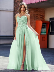 Robe de Soirée Appliqué de A-ligne à Bretelles Spaghetti en Tulle Vert Menthe Grande Taille