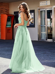 Robe de Soirée Appliqué de A-ligne à Bretelles Spaghetti en Tulle Vert Menthe Grande Taille