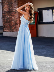 Robe de Soirée en Tulle Appliquée Florale à Col en V Bleu Ciel