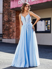 Robe de Soirée en Tulle Appliquée Florale à Col en V Bleu Ciel
