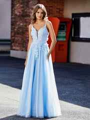 Robe de Soirée en Tulle Appliquée Florale à Col en V Bleu Ciel