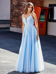 Robe de Soirée en Tulle Appliquée Florale à Col en V Bleu Ciel