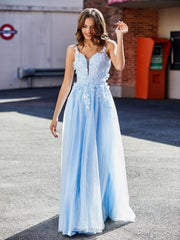 Robe de Soirée en Tulle Appliquée Florale à Col en V Bleu Ciel