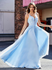 Robe de Soirée en Tulle Appliquée Florale à Col en V Bleu Ciel