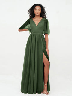 A-ligne Col en V Robes Maxi en Tulle avec Dos en V Profond Olive Verte