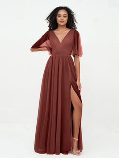 A-ligne Col en V Robes Maxi en Tulle avec Dos en V Profond terracotta