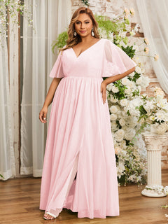 A-ligne Col en V Robes Maxi en Tulle avec Dos en V Profond Rose Pâle Grande Taille