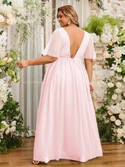 A-ligne Col en V Robes Maxi en Tulle avec Dos en V Profond Rose Pâle Grande Taille